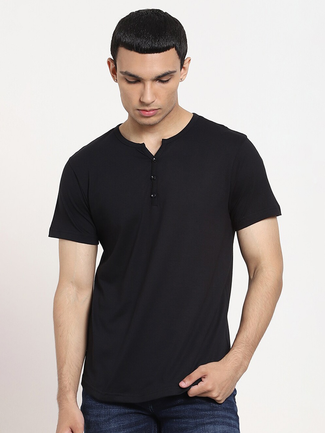 

Bewakoof Men Black Henley Neck Cotton T-shirt