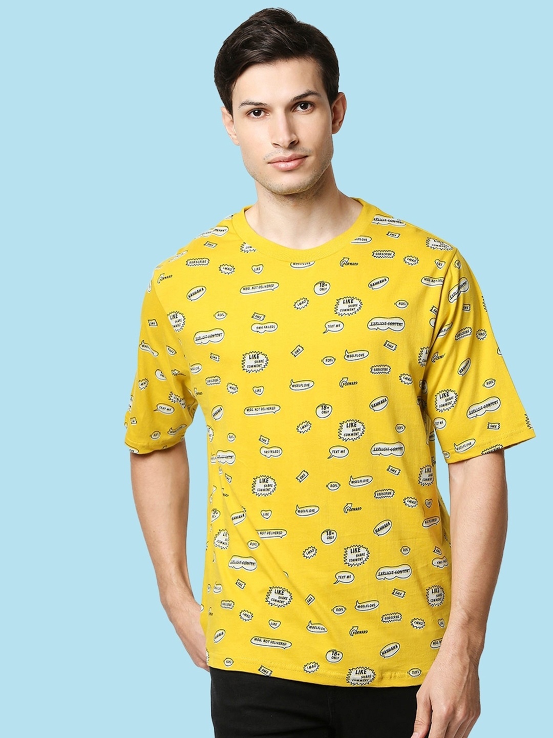 Bewakoof Men Yellow & White Typography Printed Oversized T-shirt
