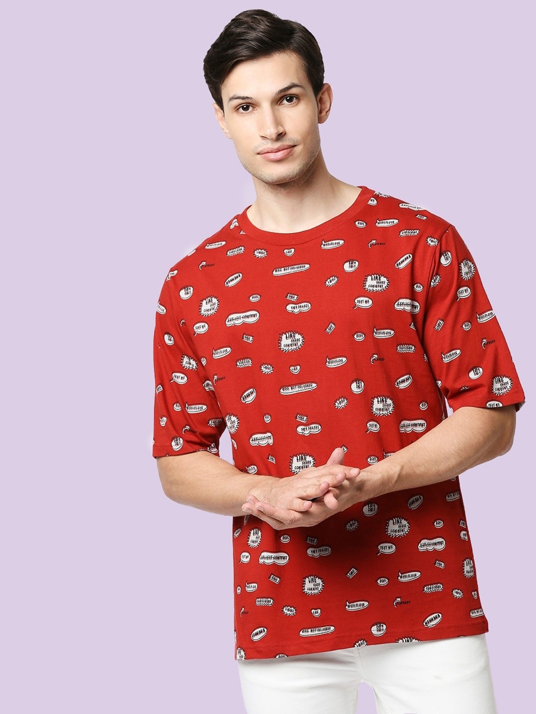 

Bewakoof Comic Text AOP Printed Cotton Oversized T-shirt, Red