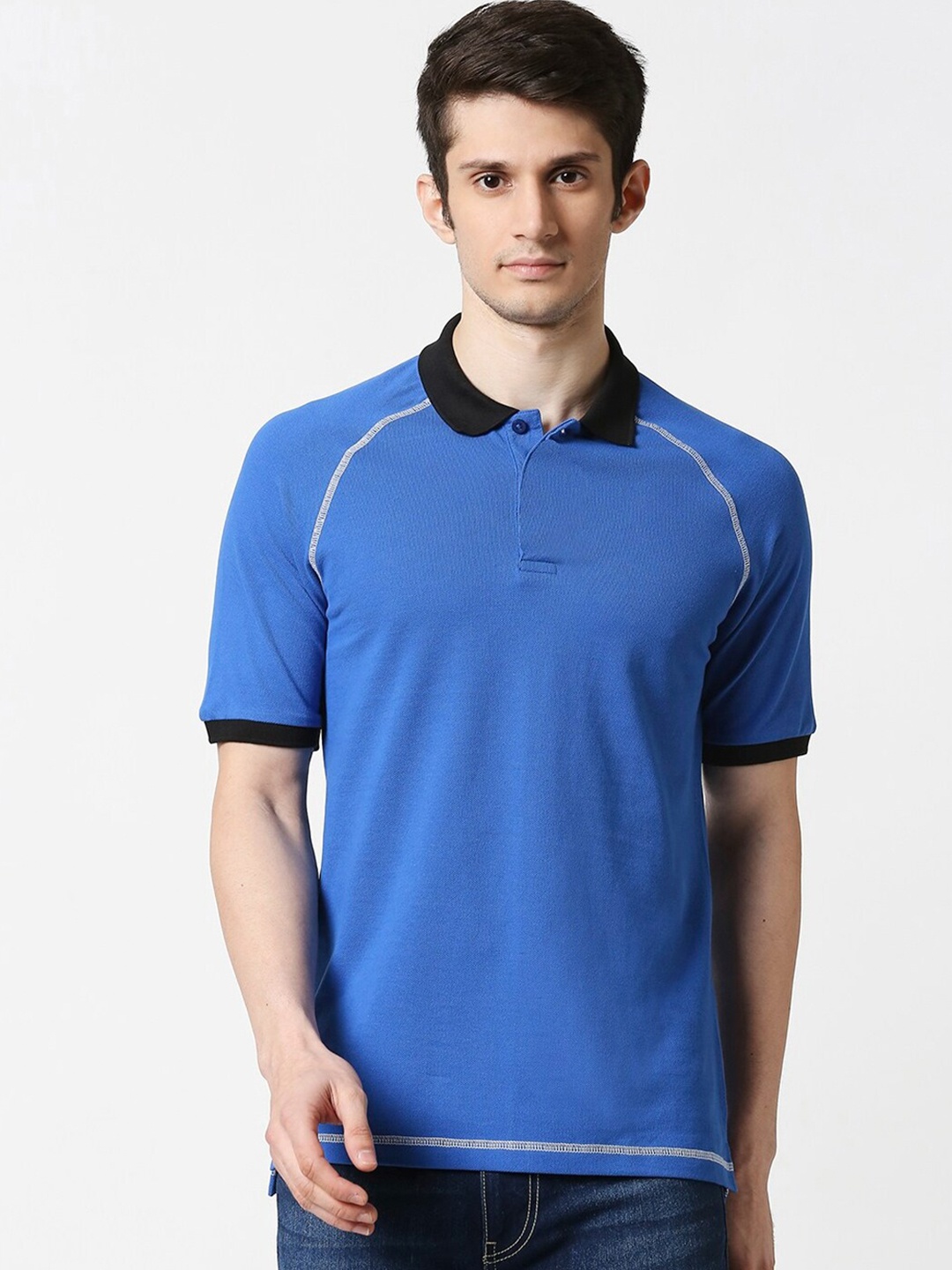 

Bewakoof Men Blue Polo Collar Cotton T-shirt