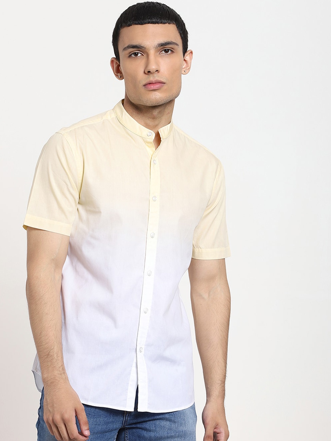 

Bewakoof Men Yellow & White Opaque Colourblocked Cotton Casual Shirt