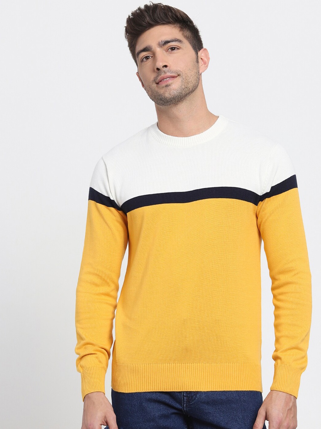 

Bewakoof Men Yellow & White Colourblocked Pullover