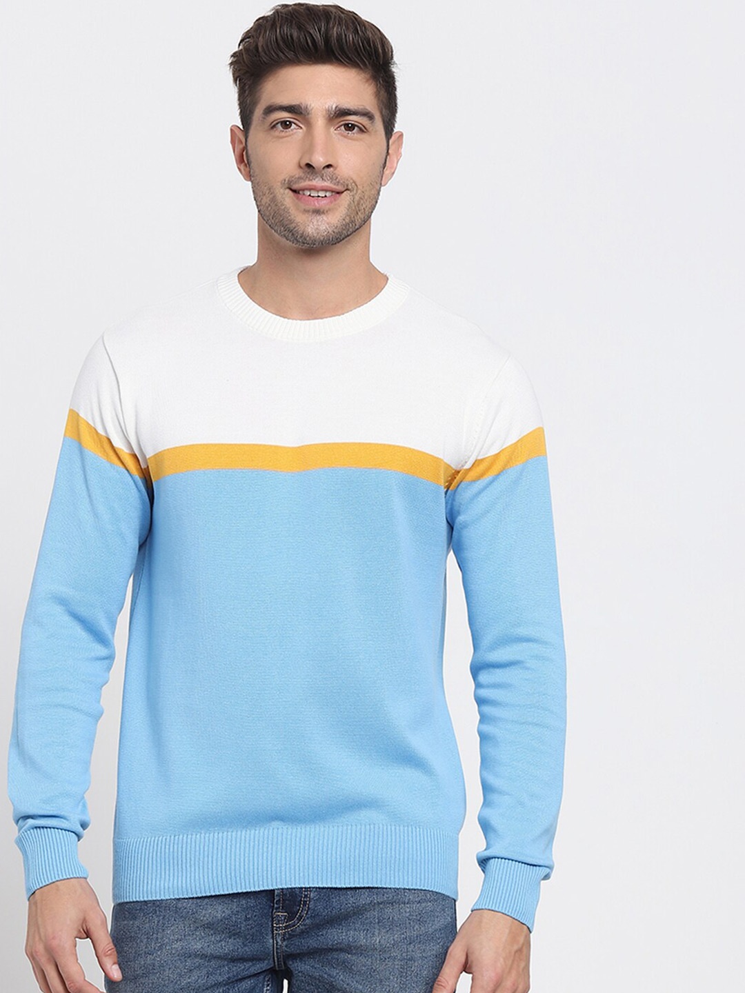 

Bewakoof Men Blue & White Colourblocked Pullover