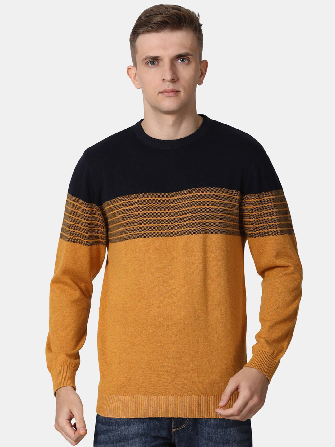 

t-base Men Orange & Black Colourblocked Striped Pure Cotton Pullover