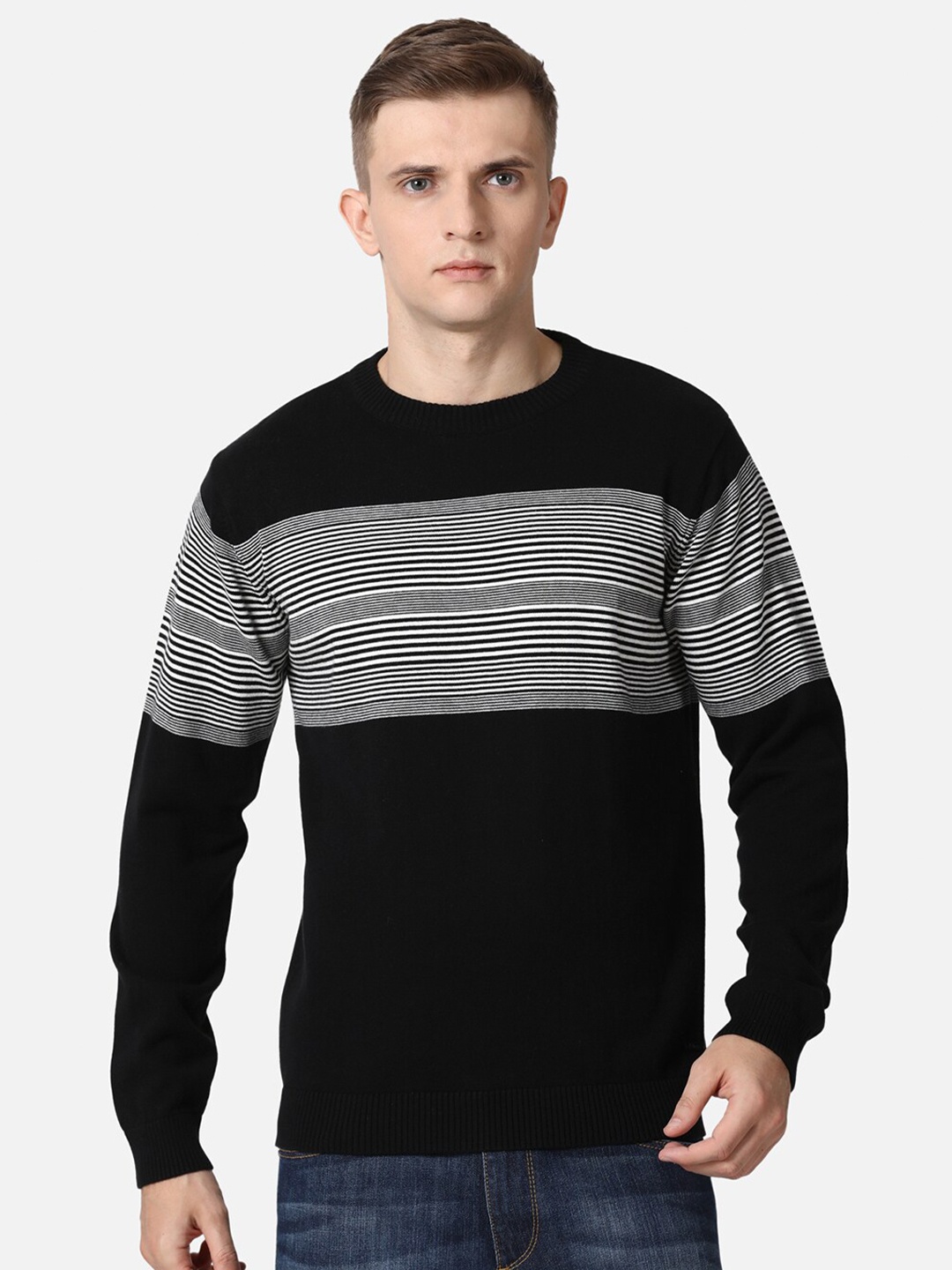 

t-base Men Black & White Striped Pure Cotton Pullover