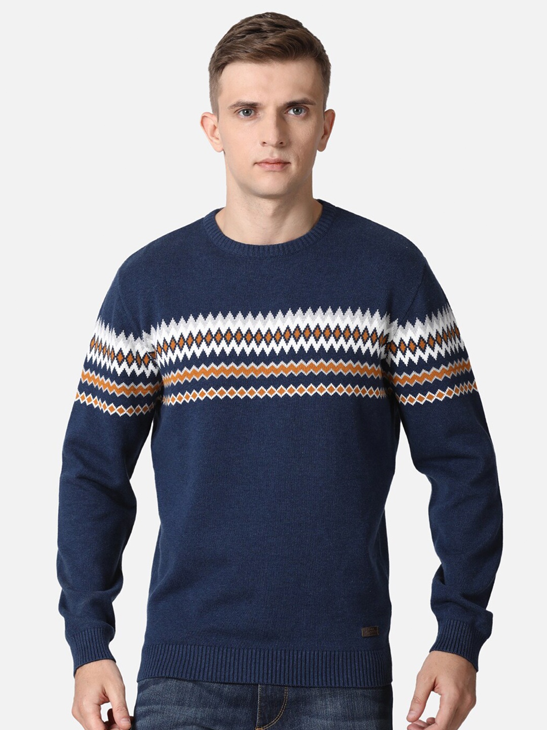 

t-base Men Navy Blue & White Pure Cotton Pullover