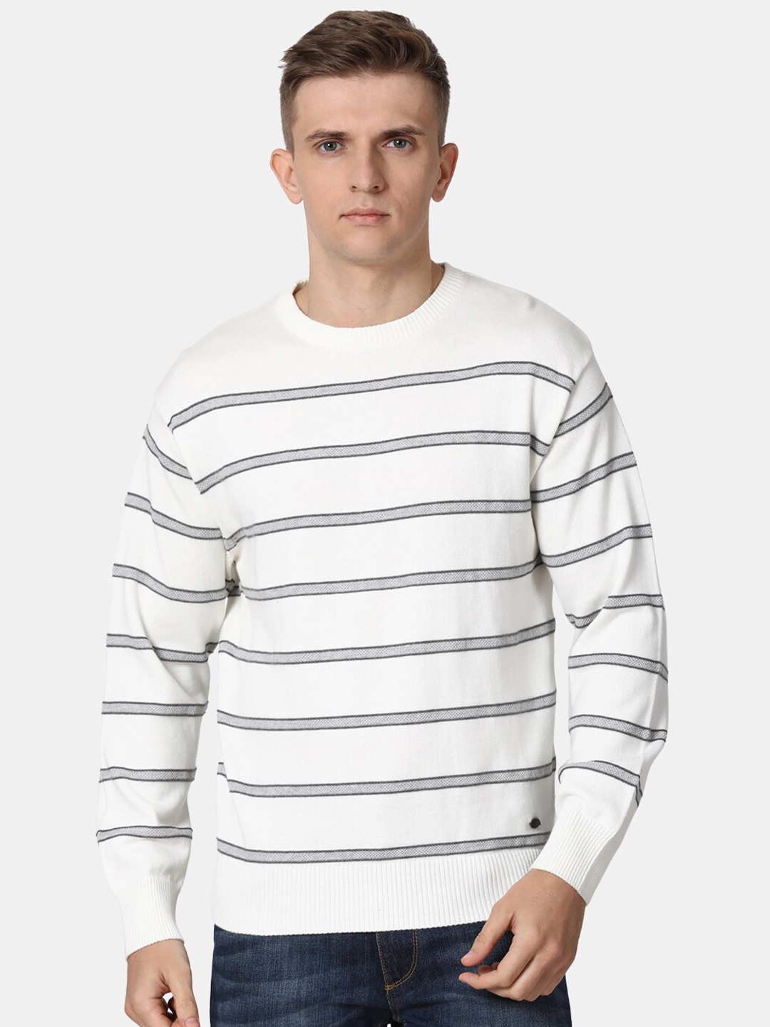 

t-base Men Off White & Grey Striped Pure Cotton Pullover