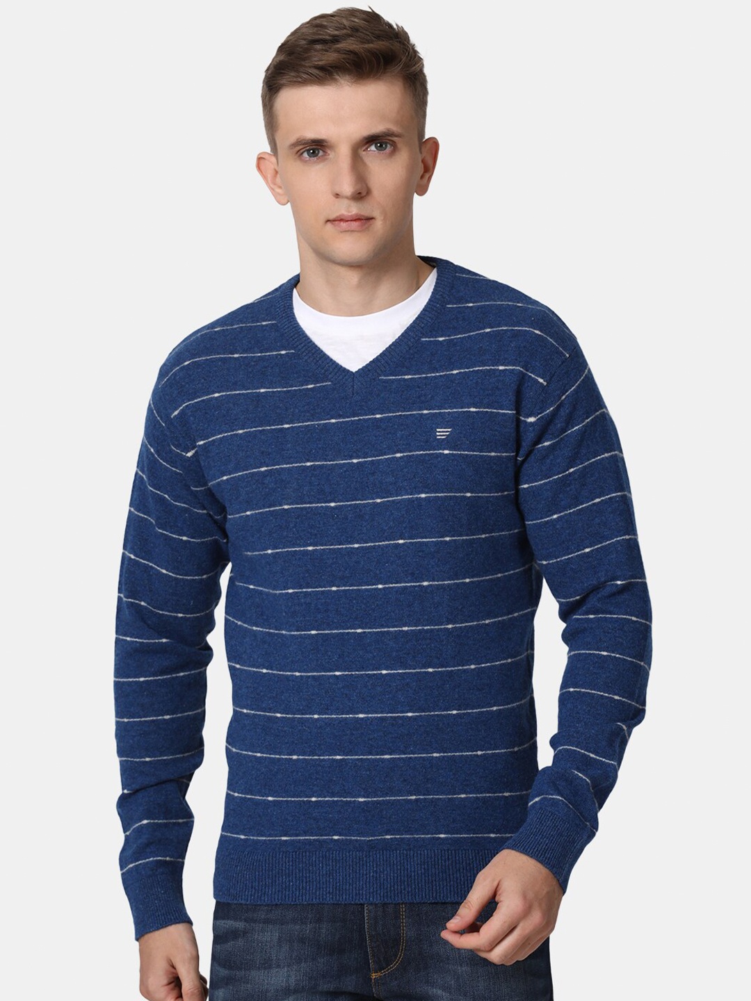 

t-base Men Navy Blue & White Striped Pure Cotton Pullover