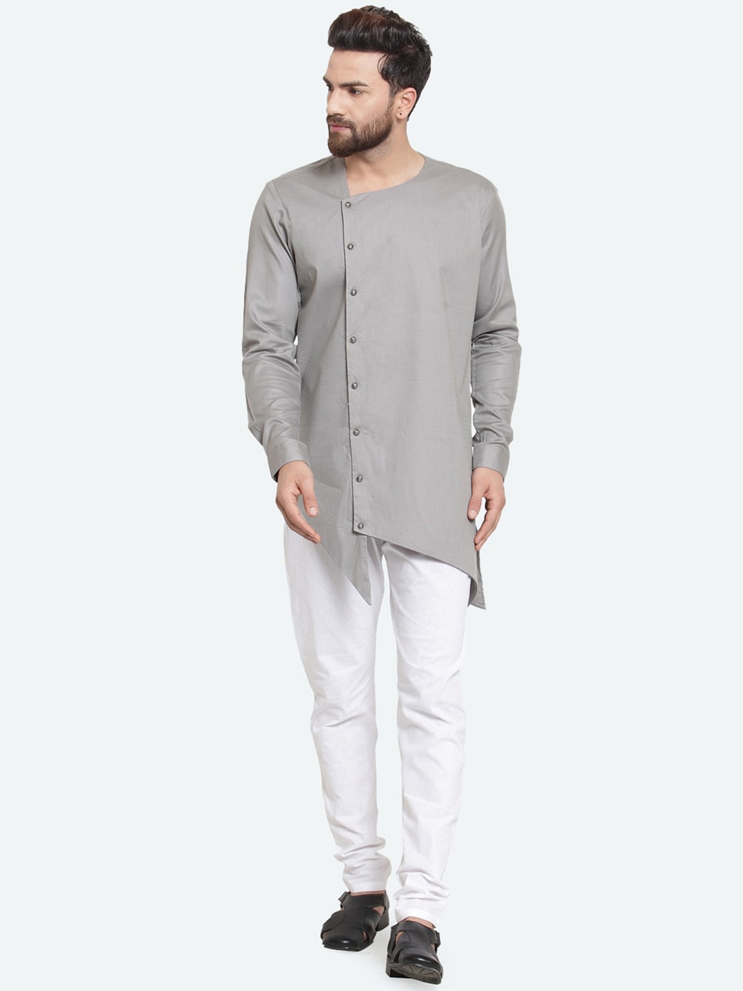 

RG DESIGNERS Men Grey Embroidered Angrakha Pure Cotton Kurta with Pyjamas