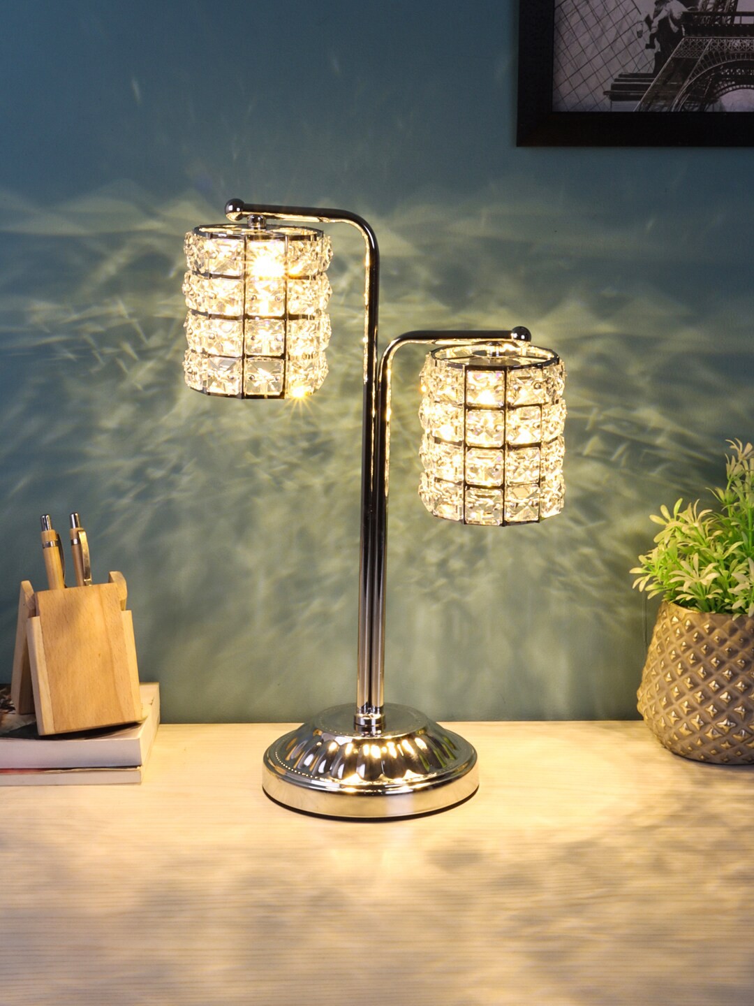 

ceradeco Silver-Toned Textured Contemporary Table Lamp