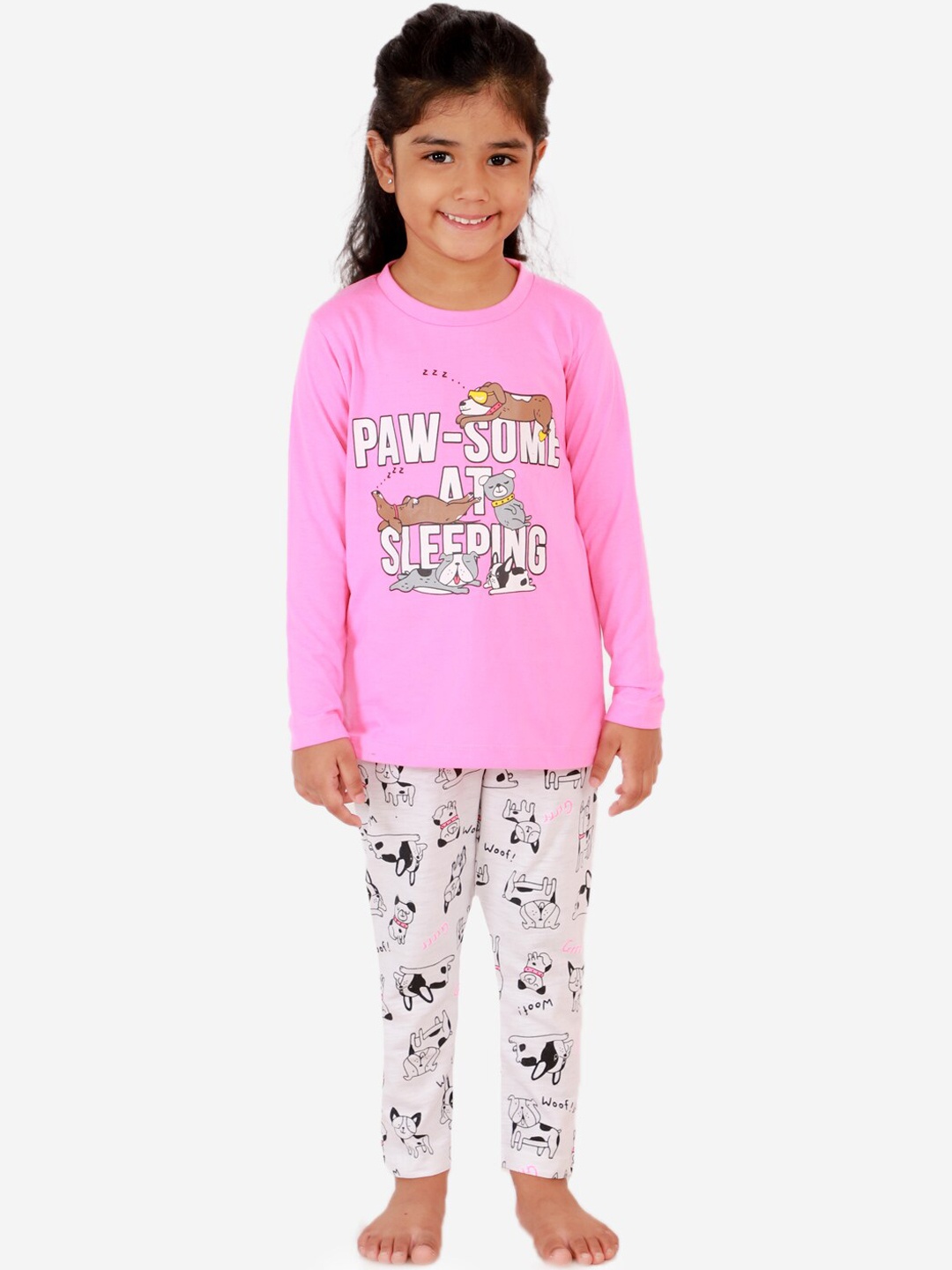 

Lazy Shark Girls Pink & White Printed Night suit