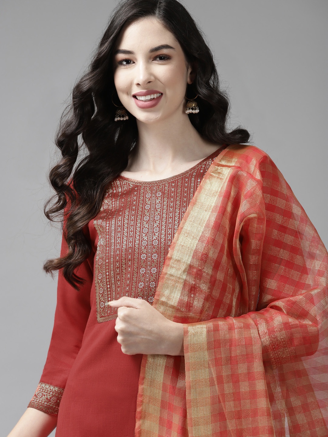 

Indo Era Women Red Yoke Design Regular Kurta with Palazzos & Dupatta