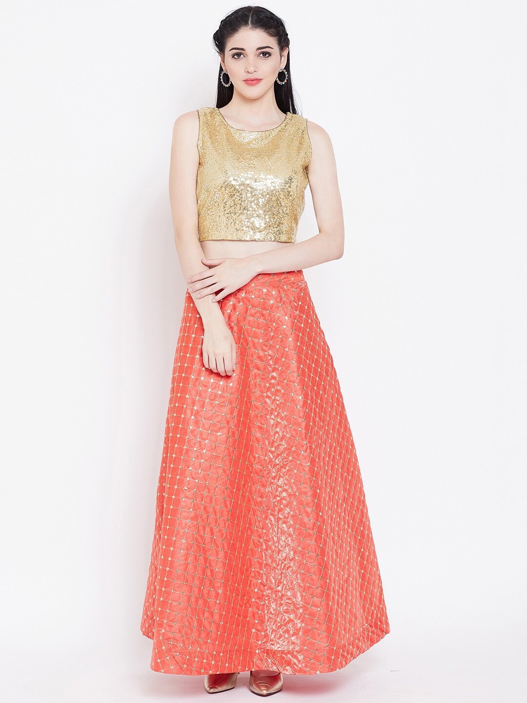 

studio rasa Women Coral & Gold-Toned Ready To Wear Embellished Lehenga with Blouse