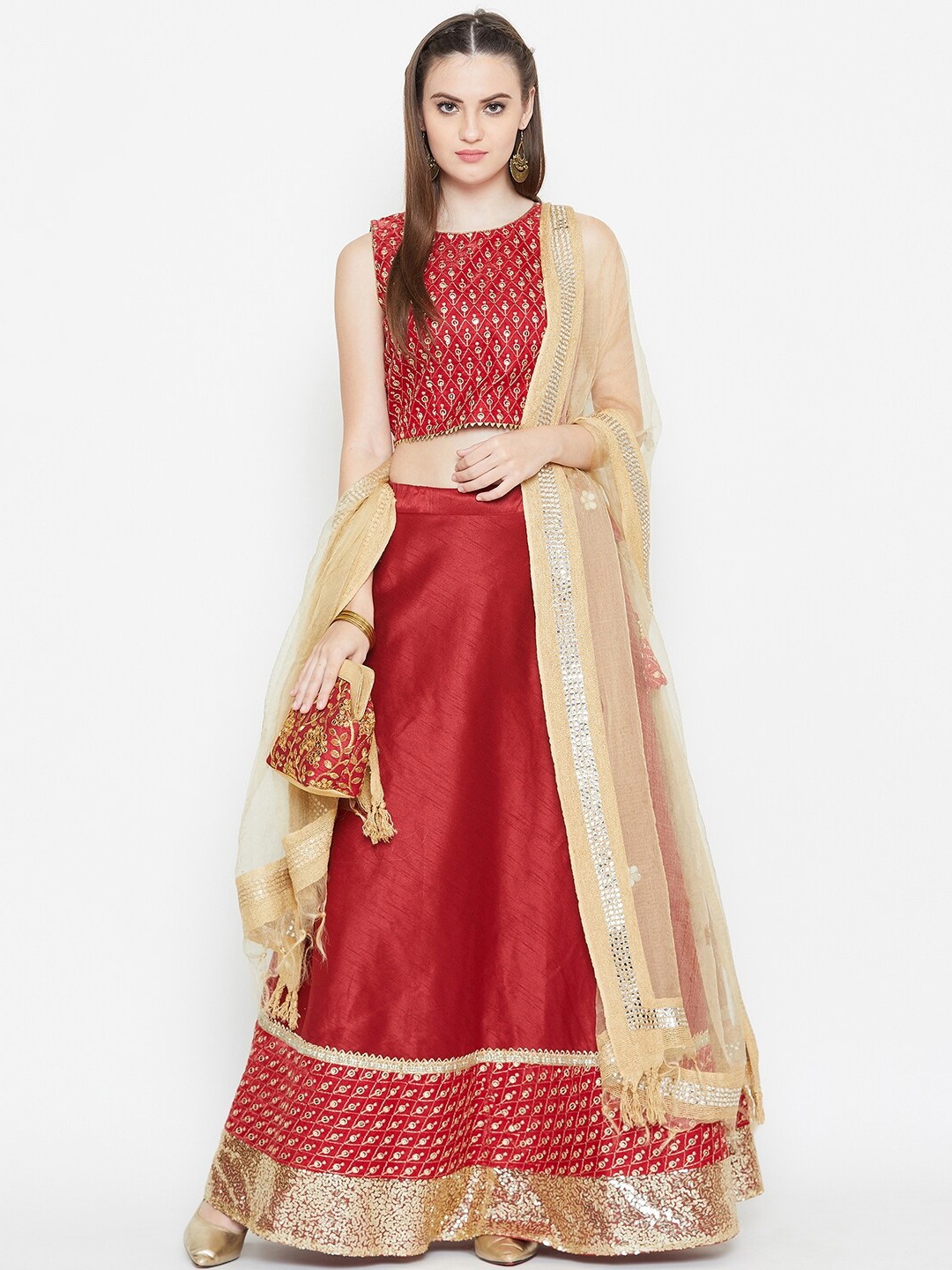 

studio rasa Women Maroon & Gold-Toned Ready to Wear Embellished Lehenga with Blouse