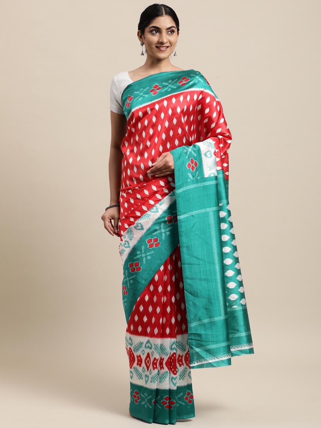 

KALINI Red & Green Ethnic Motifs Art Silk Saree