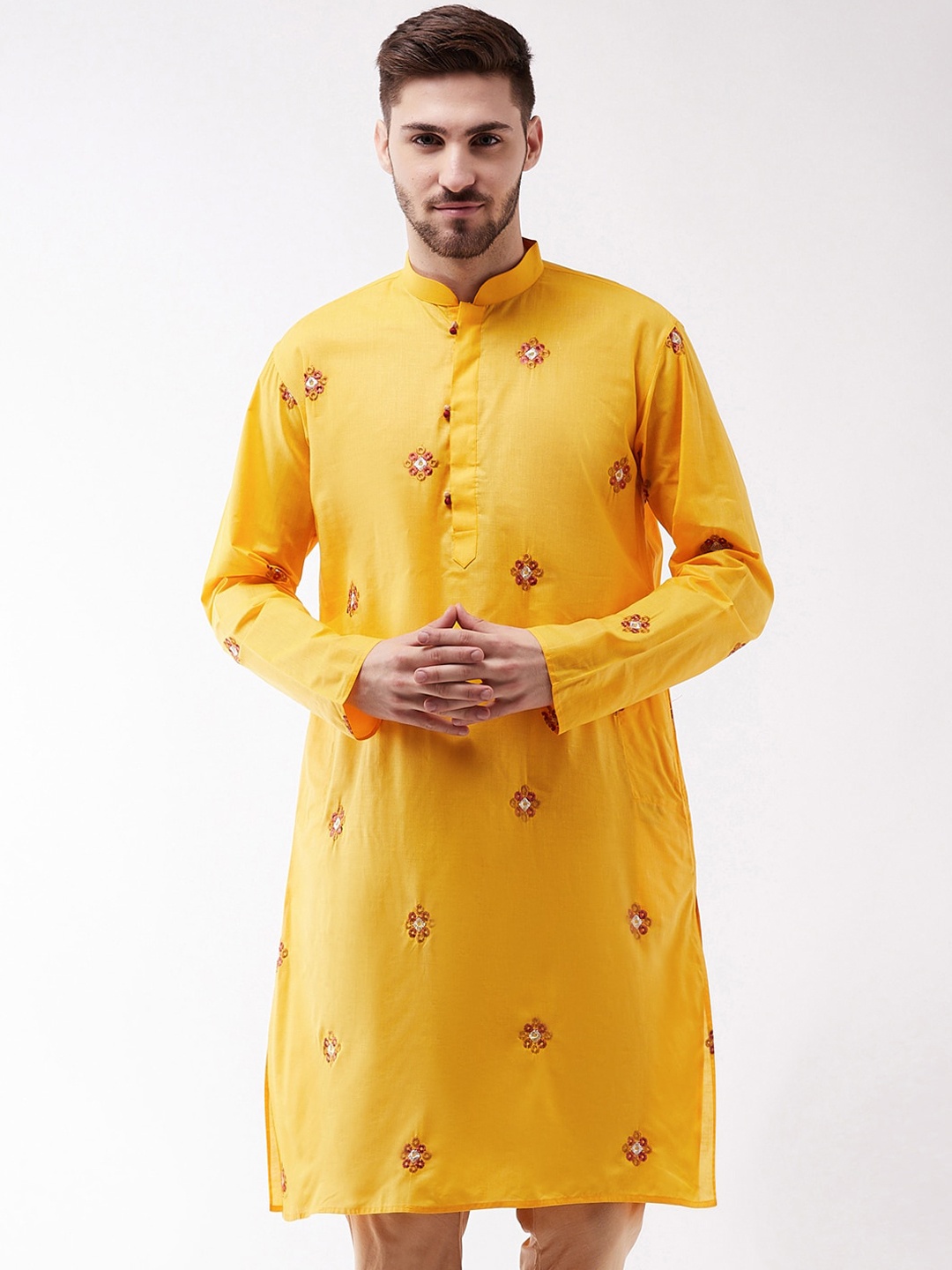 

VASTRAMAY Men Yellow Embroidered Thread Work Kurta
