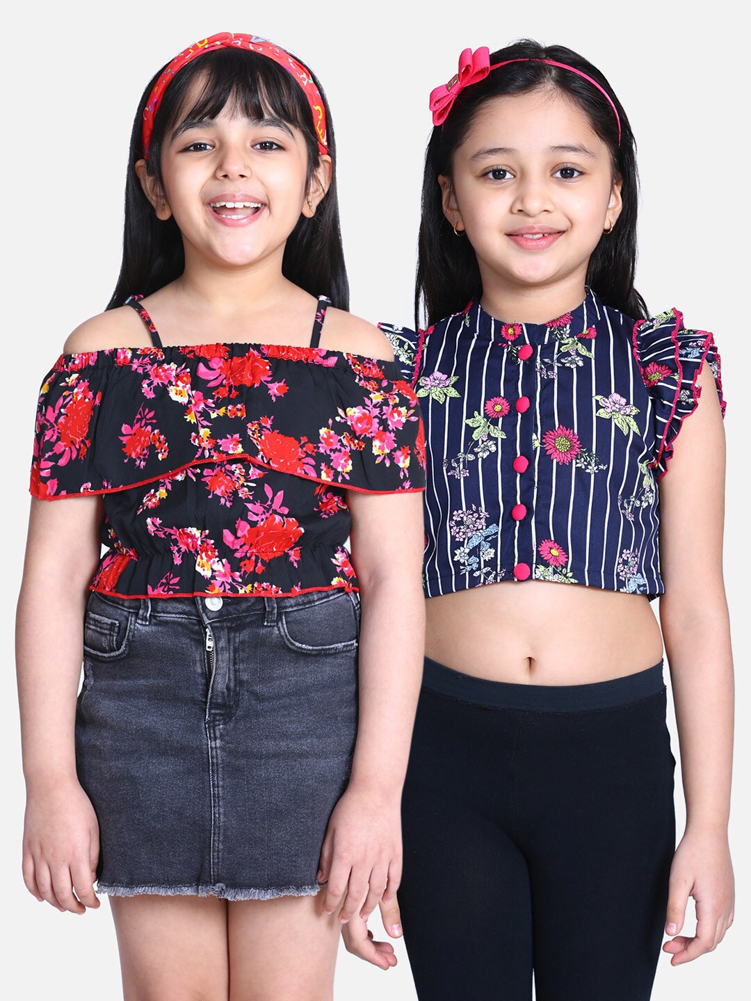 

Cutiekins Pack Of 2 Girls Black & Navy Blue Floral Crepe Regular Crop Top
