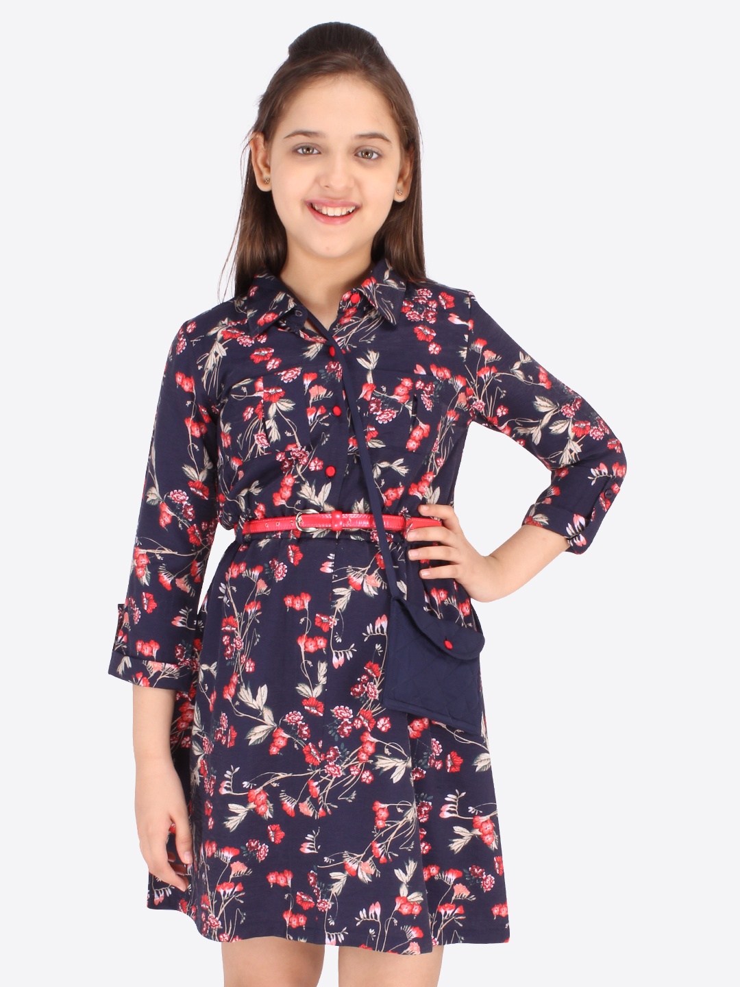 

CUTECUMBER Girls Navy Blue Floral Shirt Dress