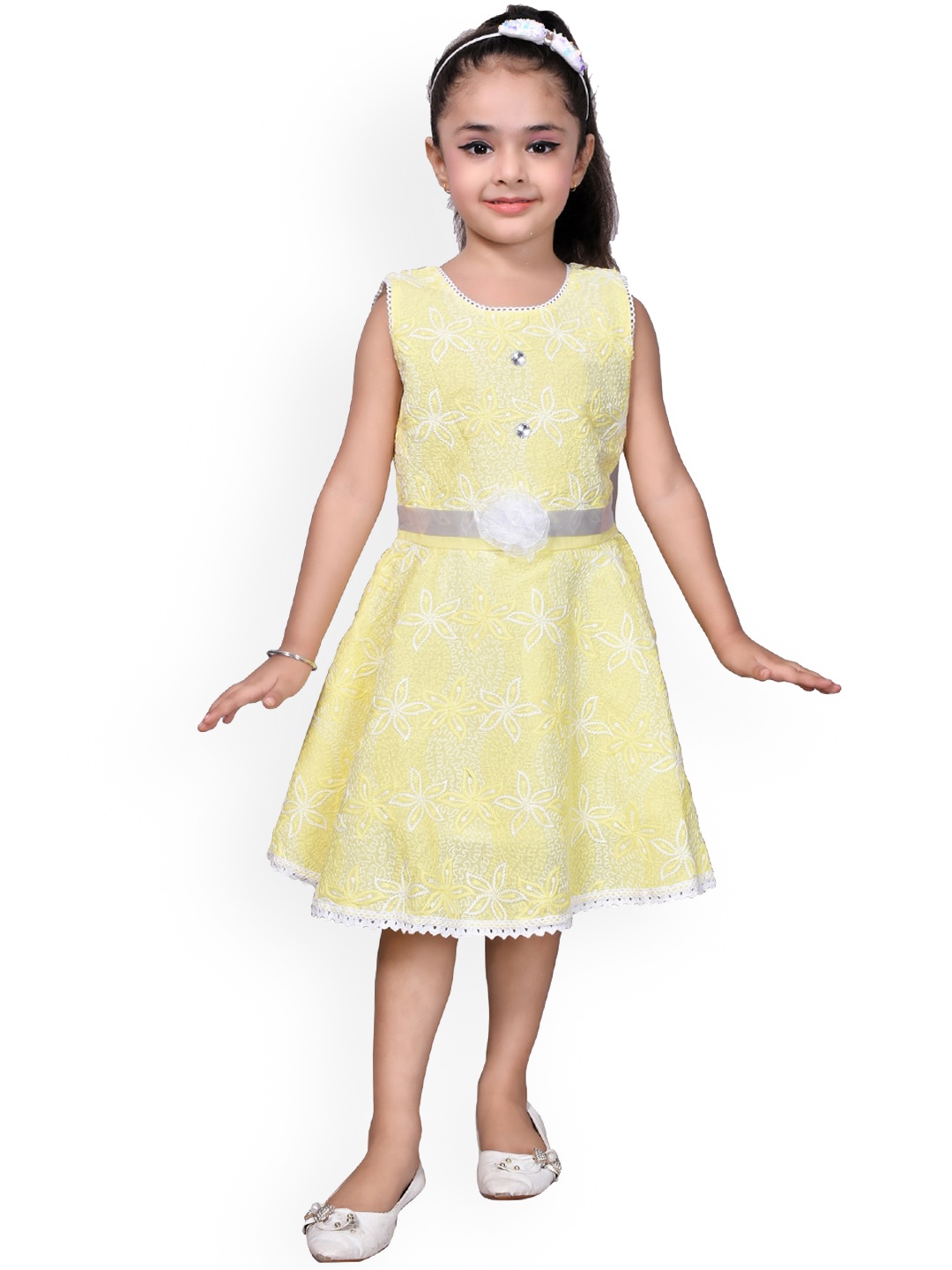 

SKY HEIGHTS Yellow Floral Embroidered Chiffon Fit & Flare Dress