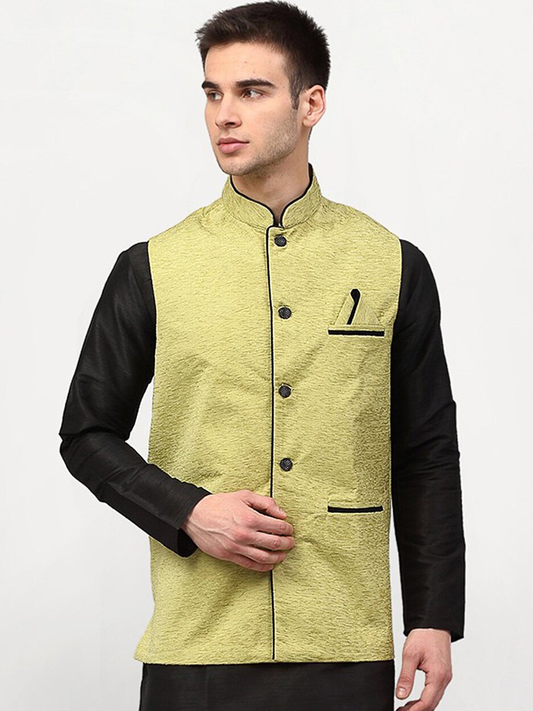

Jompers Men Green Woven Design Nehru Jacket