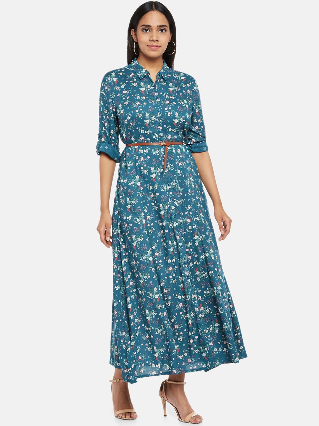 

Honey by Pantaloons Blue & White Floral Shirt Midi Dress