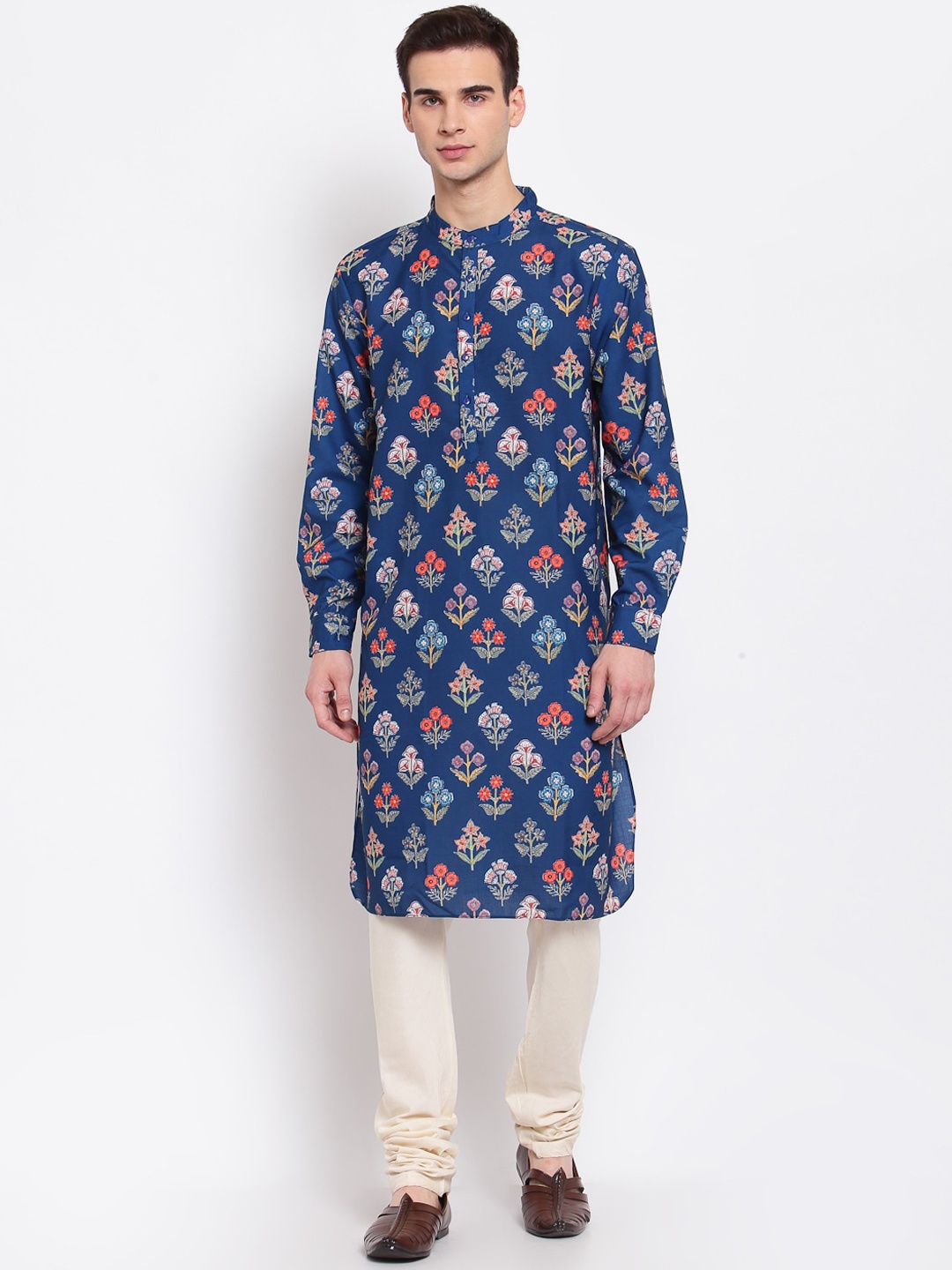 

Style Quotient Men Navy Blue Floral Printed Thread Work Kurta