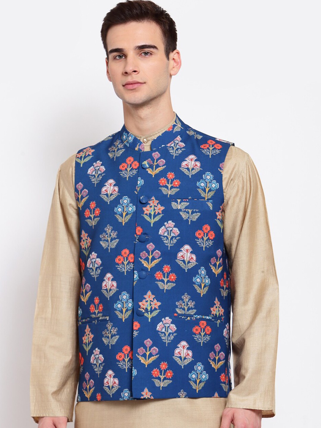 

Style Quotient Men Blue & Orange Printed Woven Nehru Jacket