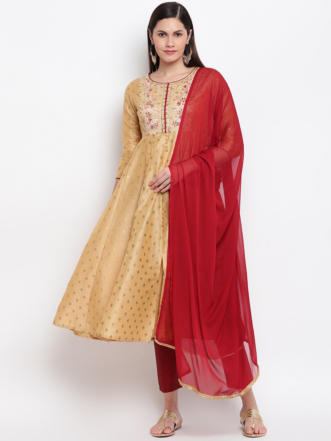 

IMARA Women Beige Ethnic Motifs Panelled Kurti with Trousers & With Dupatta