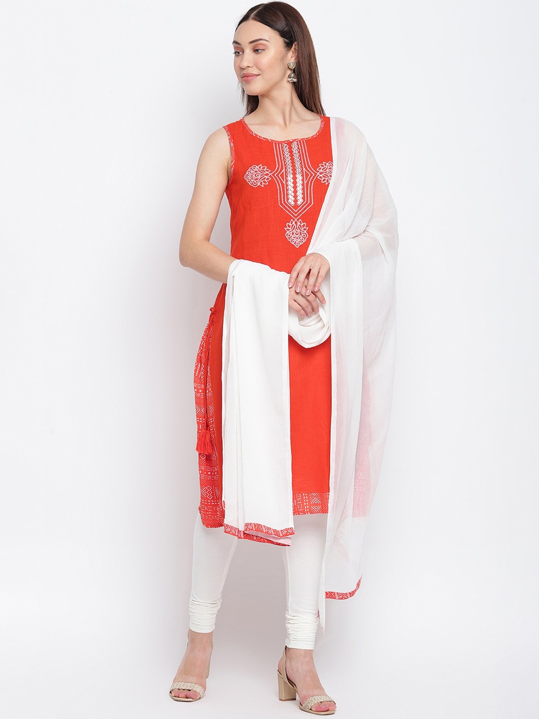 

IMARA Women Beige Ethnic Motifs Panelled Kurta with Churidar & With Dupatta