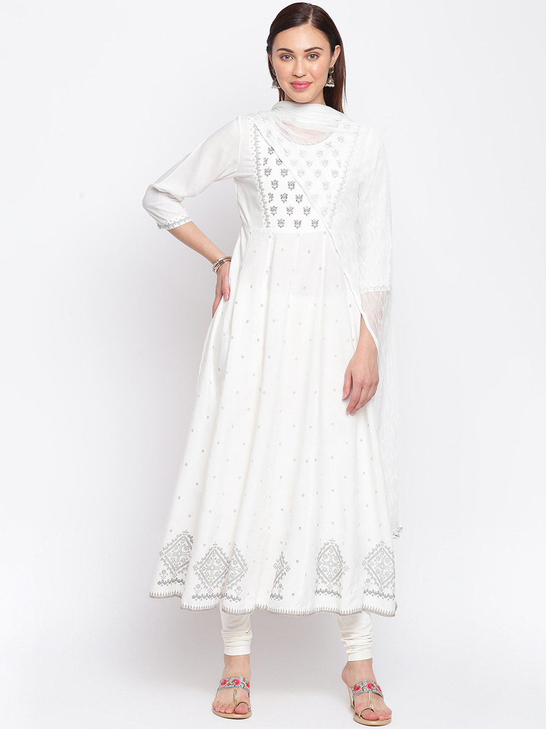 

IMARA Women White Floral Embroidered Pleated Liva Kurti with Trousers & With Dupatta