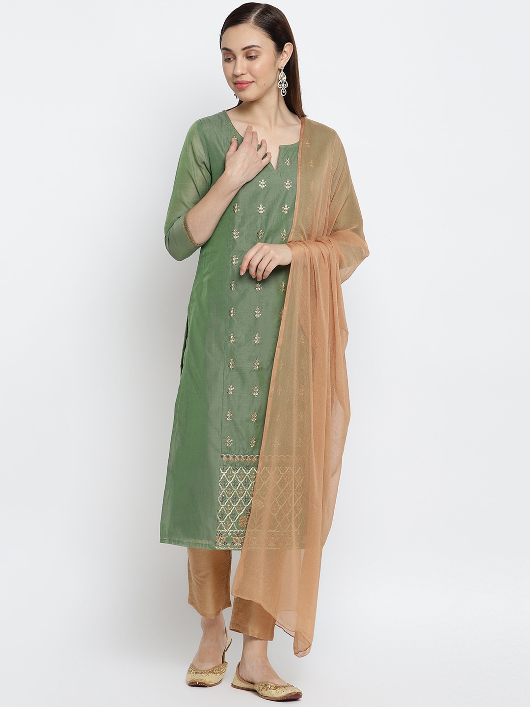 

IMARA Women Green Panelled Kurti with Trousers & With Dupatta