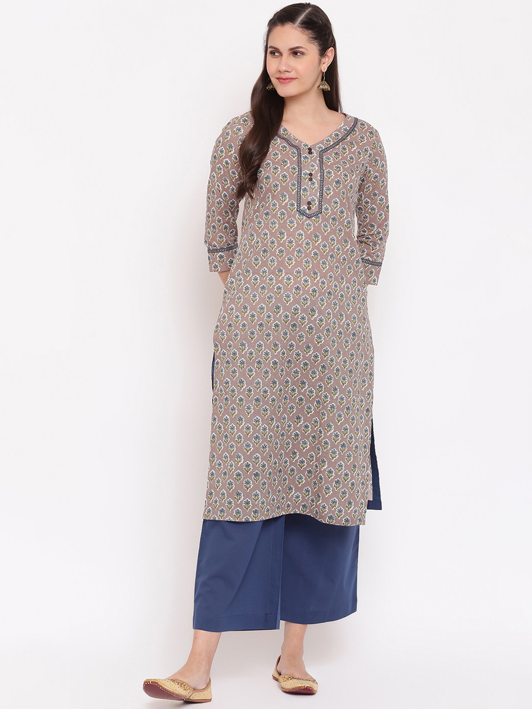 

IMARA Women Grey Floral Printed Empire Pure Cotton Kurta with Palazzos