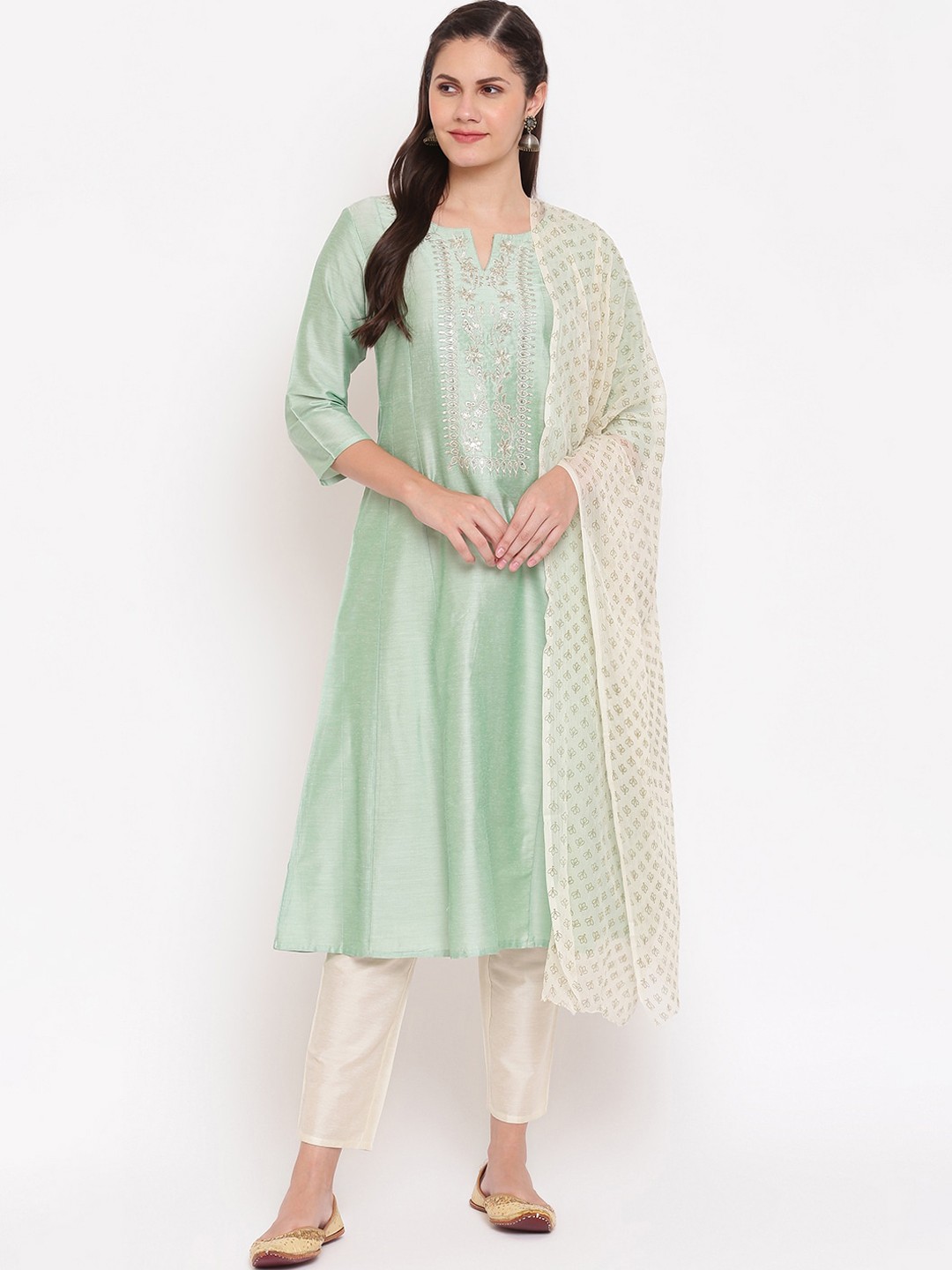 

IMARA Women Green Ethnic Motifs Embroidered Regular Kurta with Trousers & With Dupatta