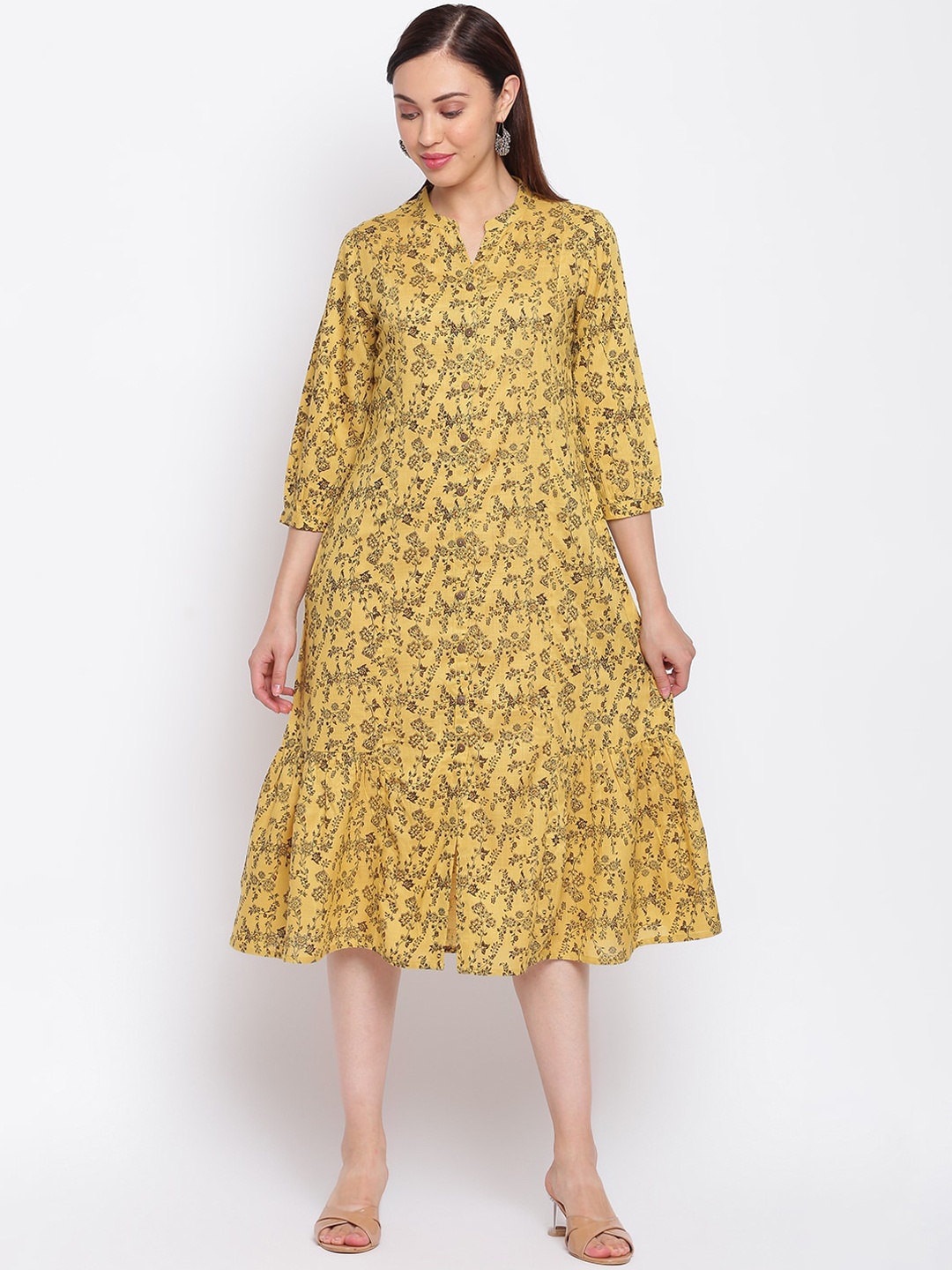 

IMARA Yellow Floral Liva Ethnic A-Line Midi Dress