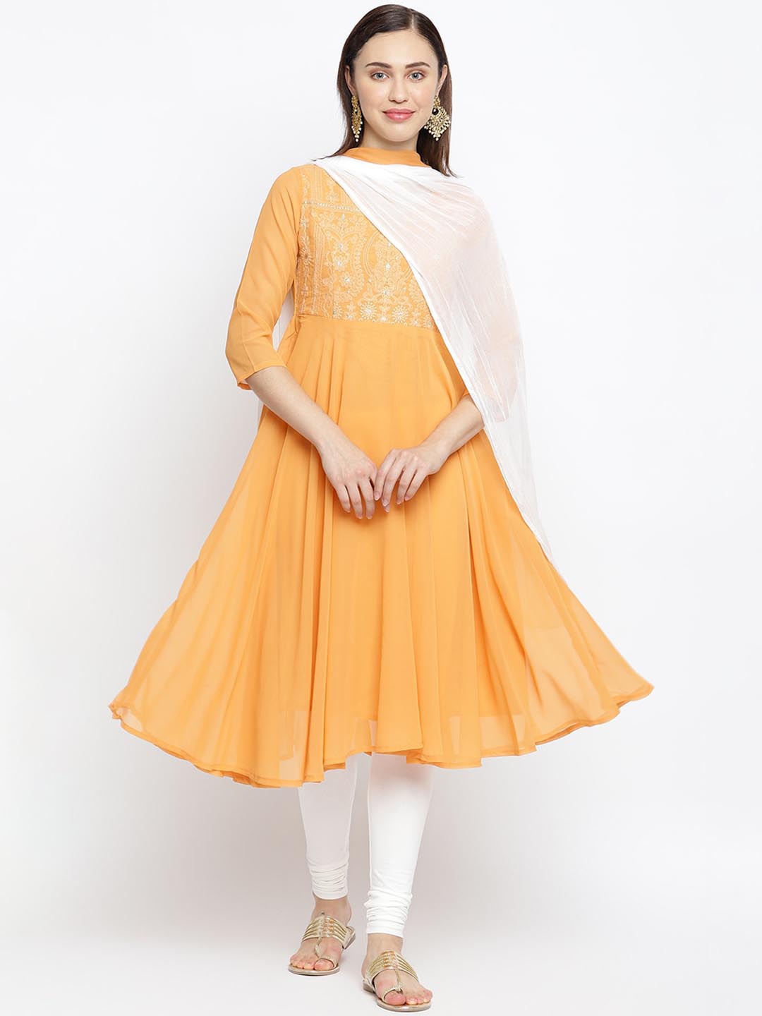 

IMARA Women Coral Embroidered Kurta with Churidar & With Dupatta