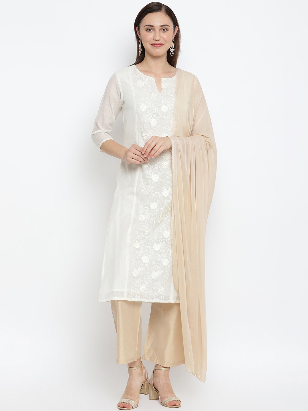 

IMARA Women Off White Ethnic Motifs Embroidered Kurta with Trousers & With Dupatta