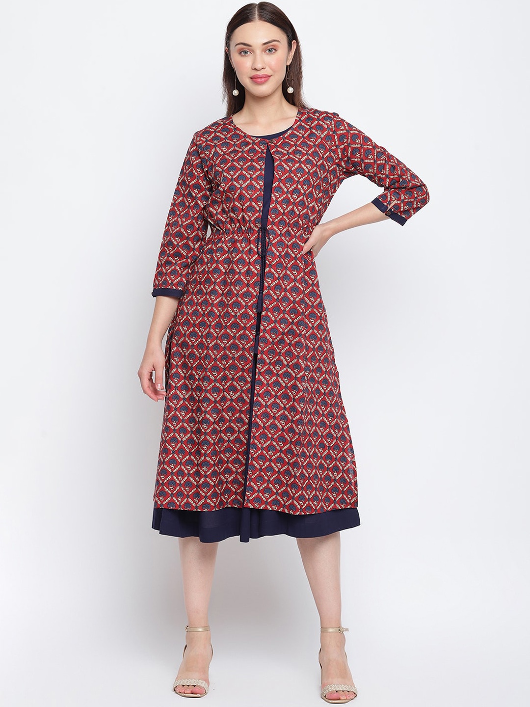 

IMARA Maroon & Navy Blue Ethnic Motifs Ethnic A-Line Midi Layered Cotton Dress