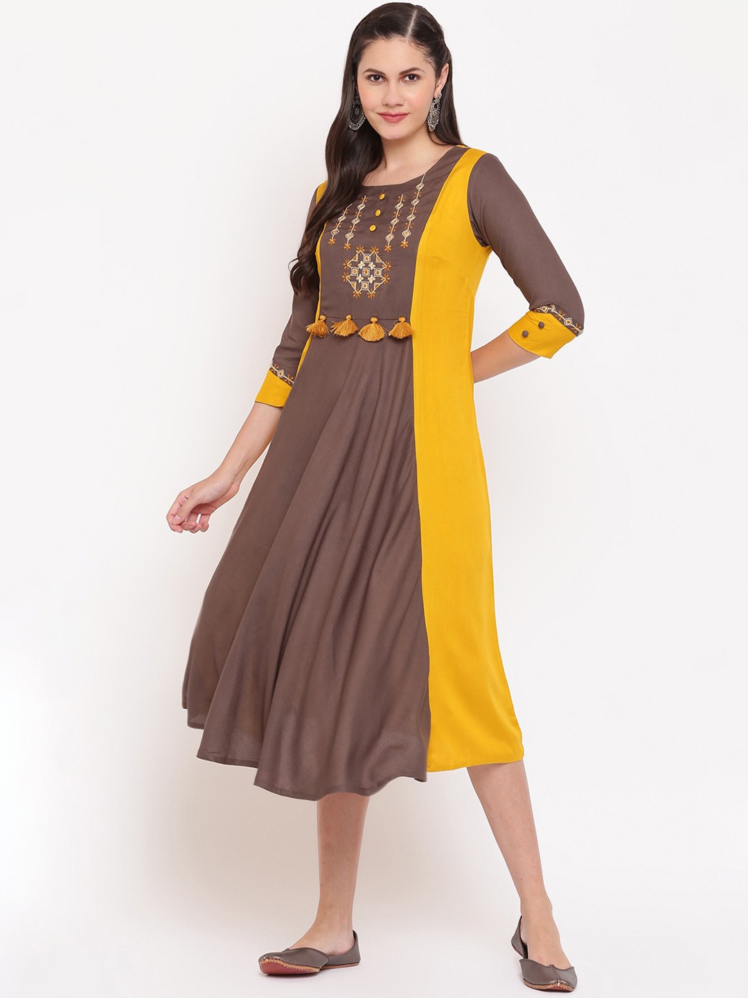 

IMARA Mustard Yellow & Taupe Ethnic Motifs Liva Ethnic A-Line Midi Dress