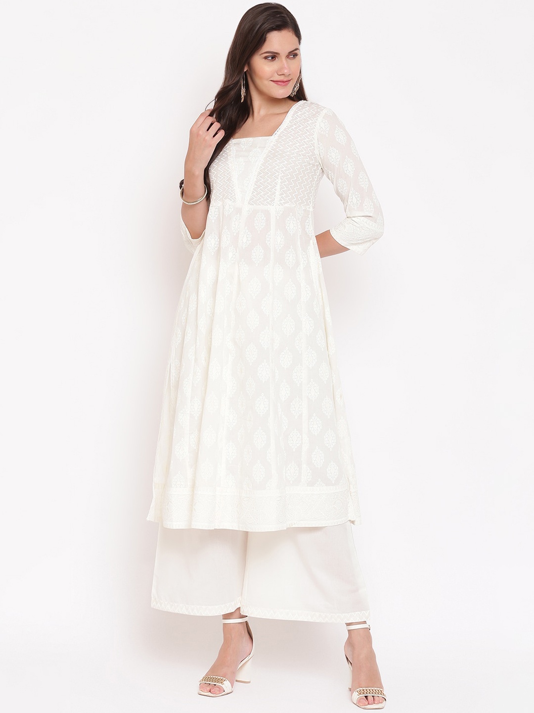 

IMARA Women White Ethnic Motifs Pleated Pure Cotton Kurti with Palazzos