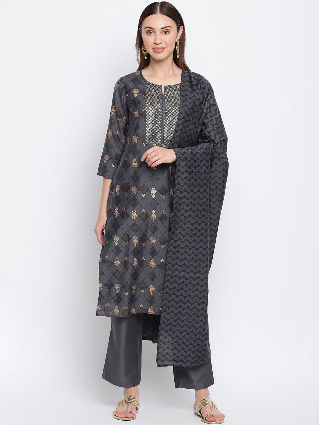

IMARA Women Grey Ethnic Motifs Printed Regular Kurta with Trousers & With Dupatta