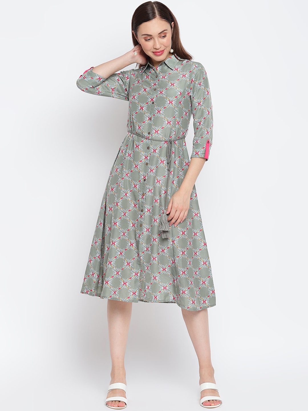 

IMARA Grey Floral Ethnic Shirt Dress
