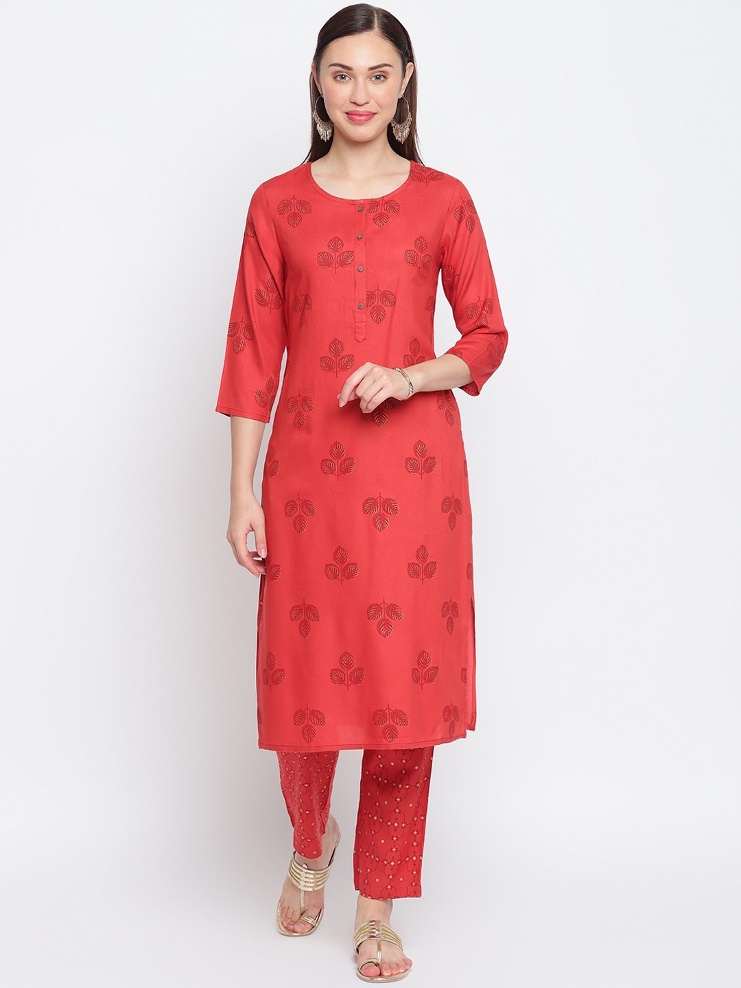 

IMARA Women Maroon Ethnic Motifs Printed Regular Liva Kurti with Trousers