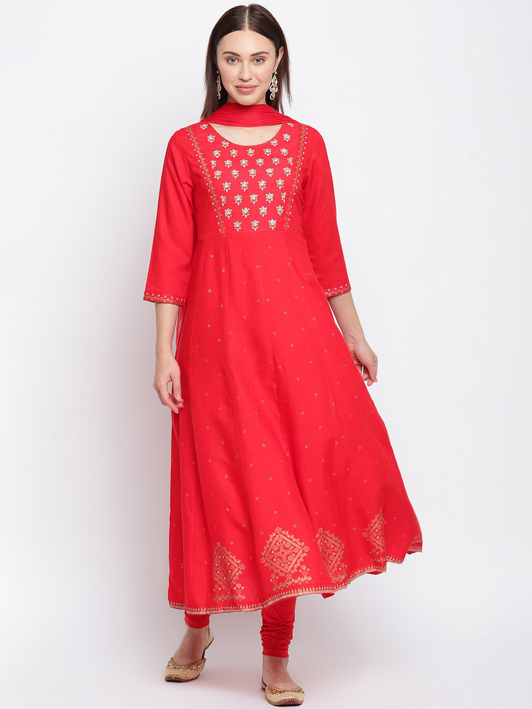 

IMARA Women Red Ethnic Motifs Embroidered Regular Liva Kurta with Churidar & With Dupatta