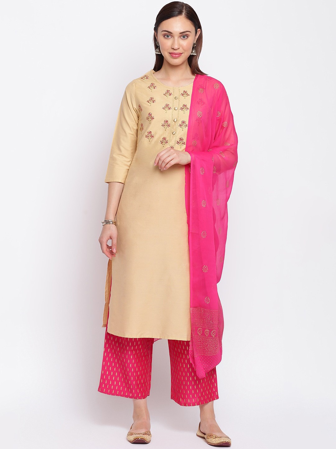 

IMARA Women Beige Embroidered Regular Kurta with Palazzos & With Dupatta