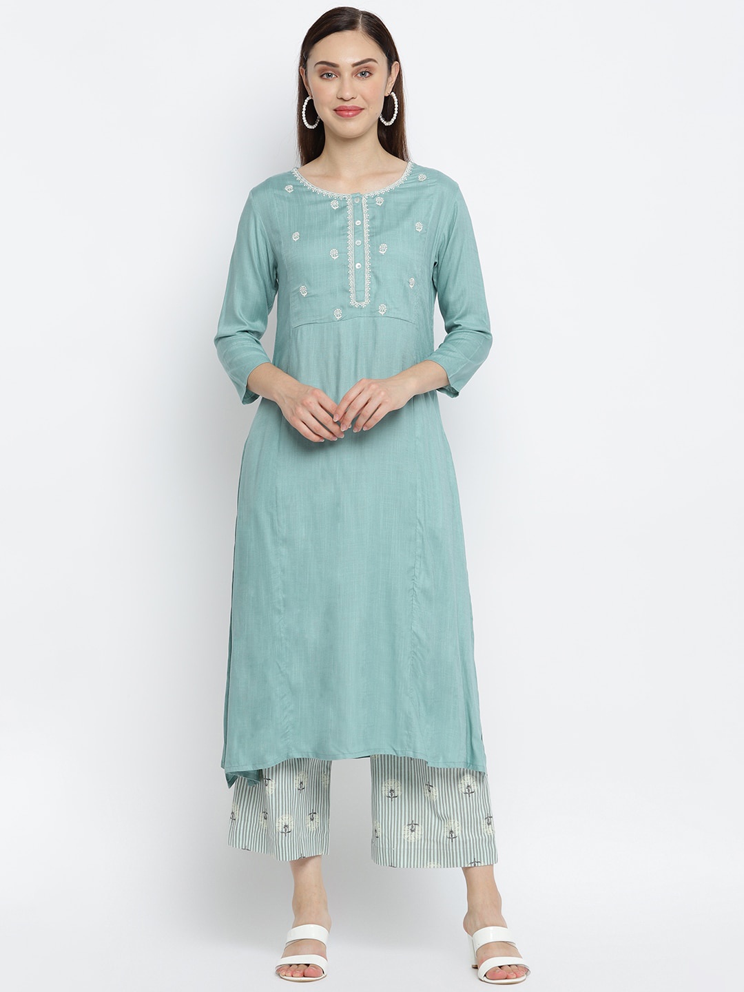 

IMARA Women Grey Ethnic Motifs Yoke Design Regular Liva Kurta with Trousers