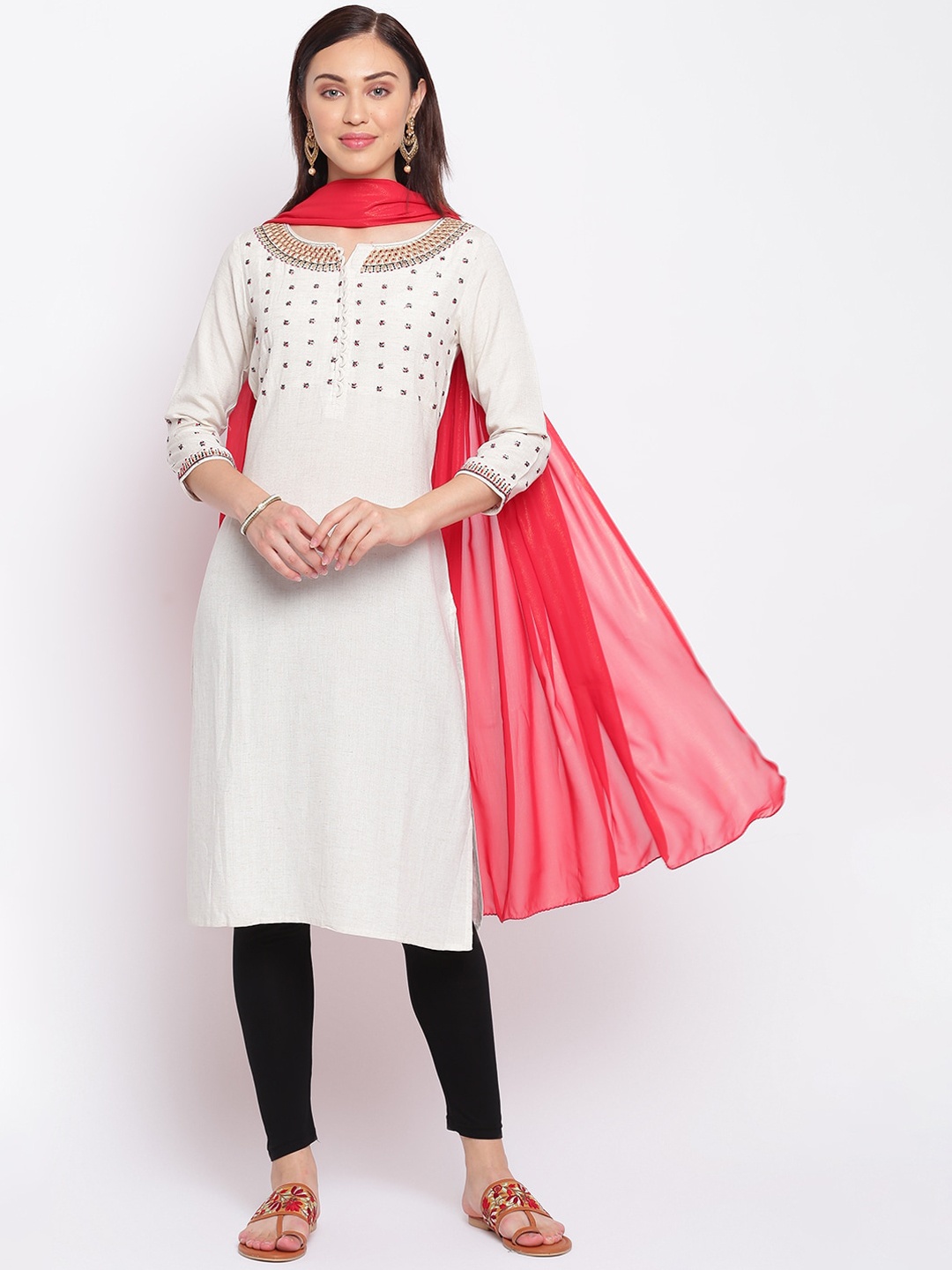 

IMARA Women Off White Ethnic Motifs Regular Liva Kurti with Churidar & With Dupatta