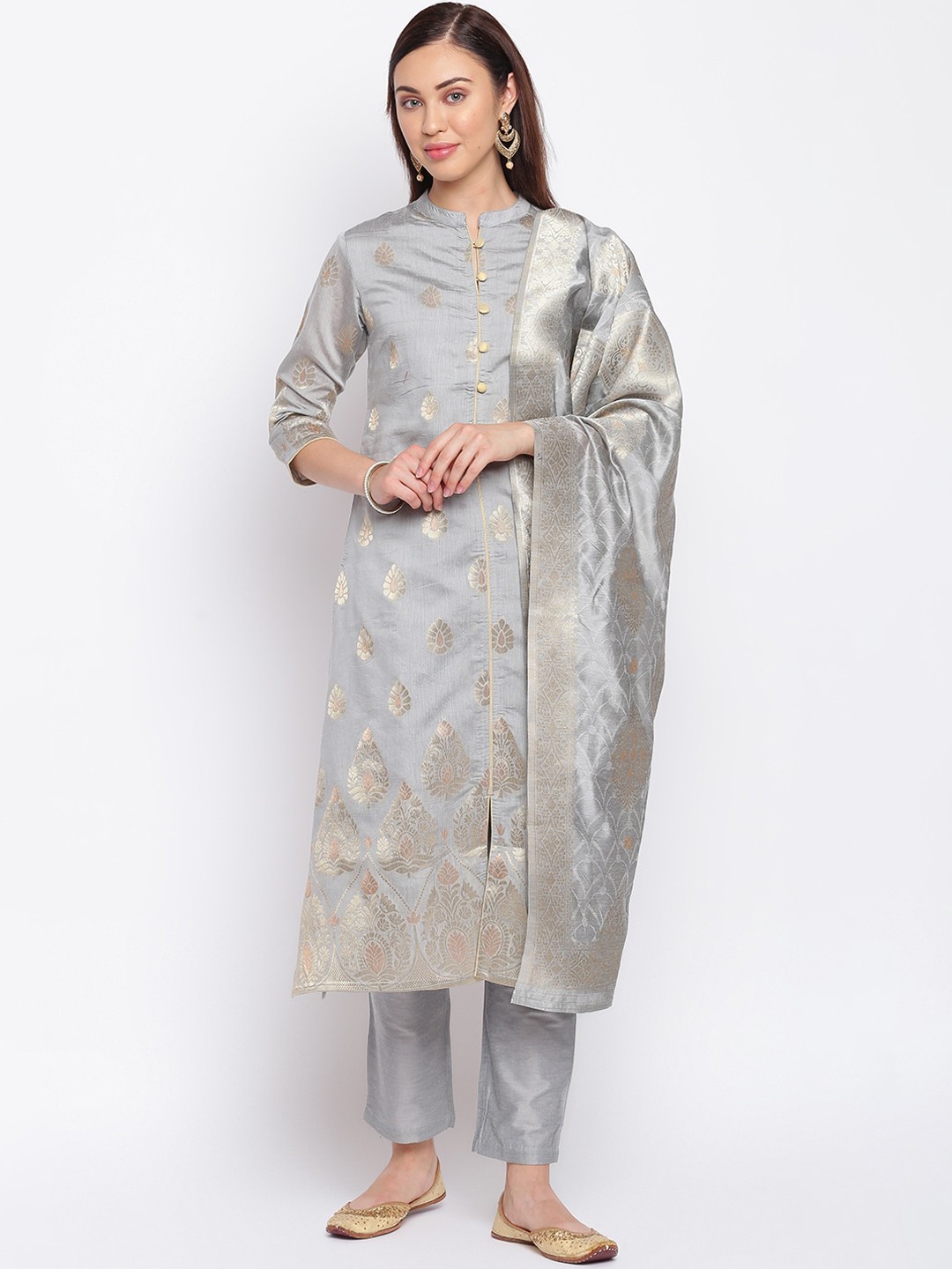 

IMARA Women Grey Ethnic Motifs Printed Regular Kurta with Trousers & With Dupatta