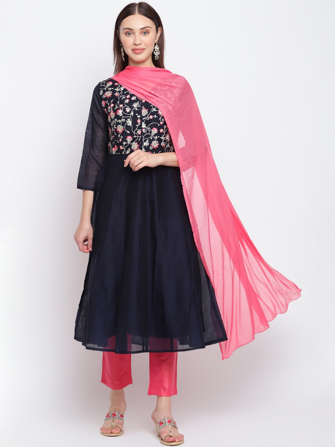 

IMARA Women Blue Embroidered Regular Kurta with Trousers & With Dupatta