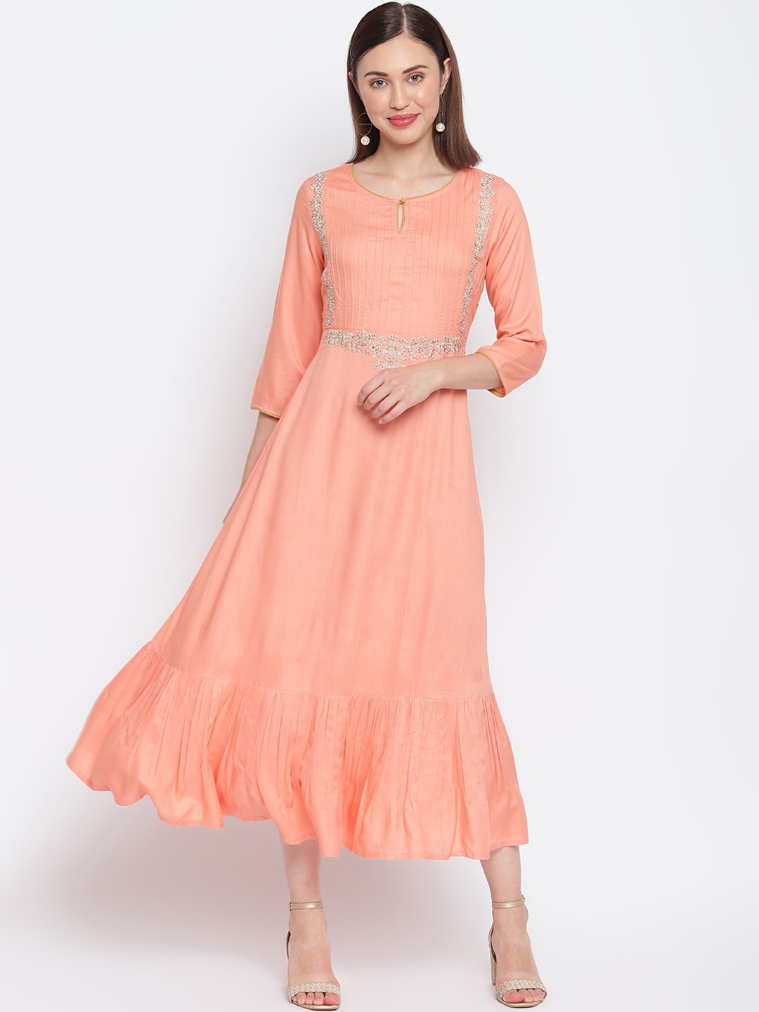 

IMARA Women Coral Ethnic Liva Midi Dress