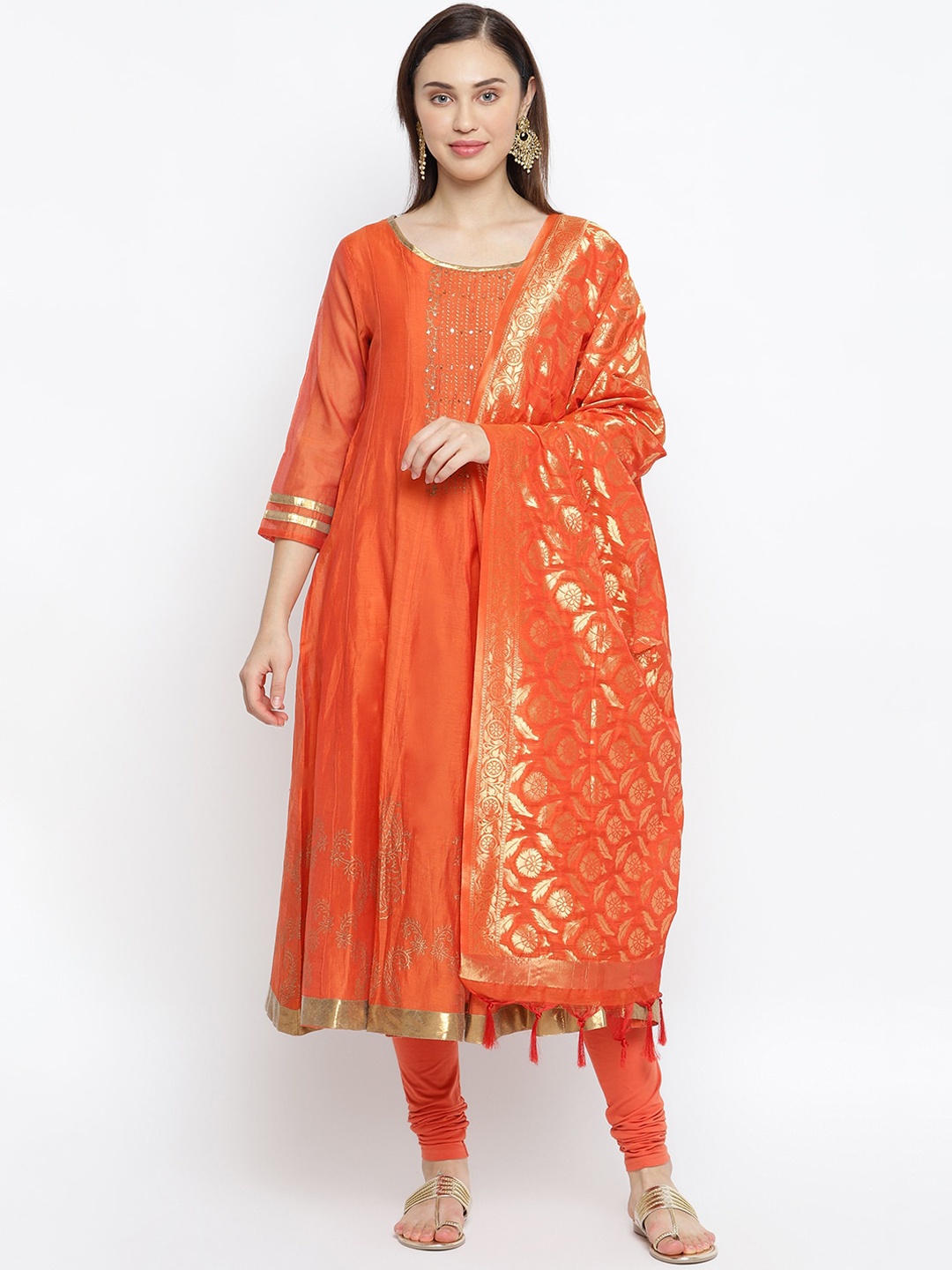 

IMARA Women Rust Ethnic Motifs Embroidered Regular Kurta with Churidar & Dupatta